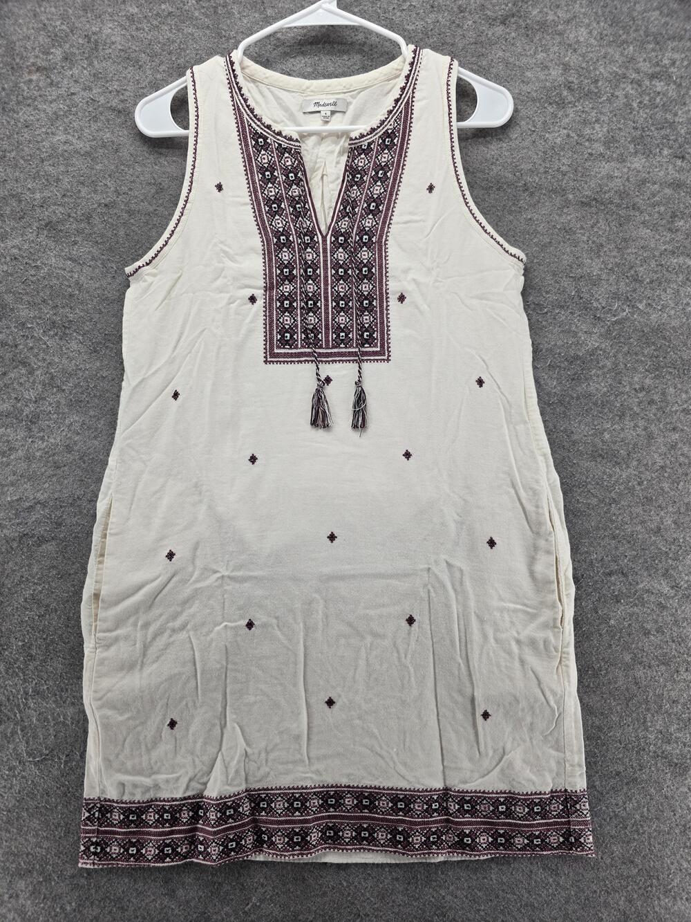 Madewell Dress Womens 4 White Sundress Knee Length V-Neck Embroidered Sleeveless
